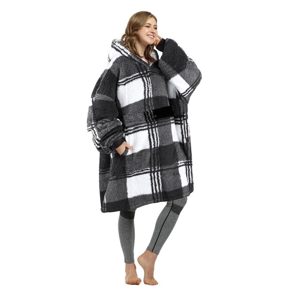 8117 Plaid Oversized Wearable Blanket Hoodie Sweatshirt, Comfortable Sherpa